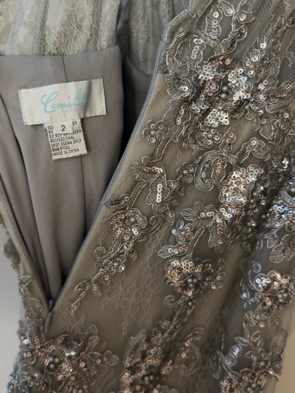 Camilla Silver Long-Sleeve Embellished Evening Gown - Picture 3 of 3